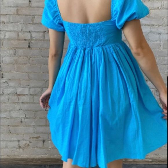 🆕 AQUA BLUE PUFF SLEEVE BABYDOLL MINI DRESS - Picture 4 of 6